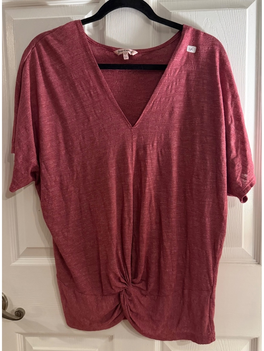 Juicy Couture Large Red V-Neck Short Sleeve Top with Front Knot Detail